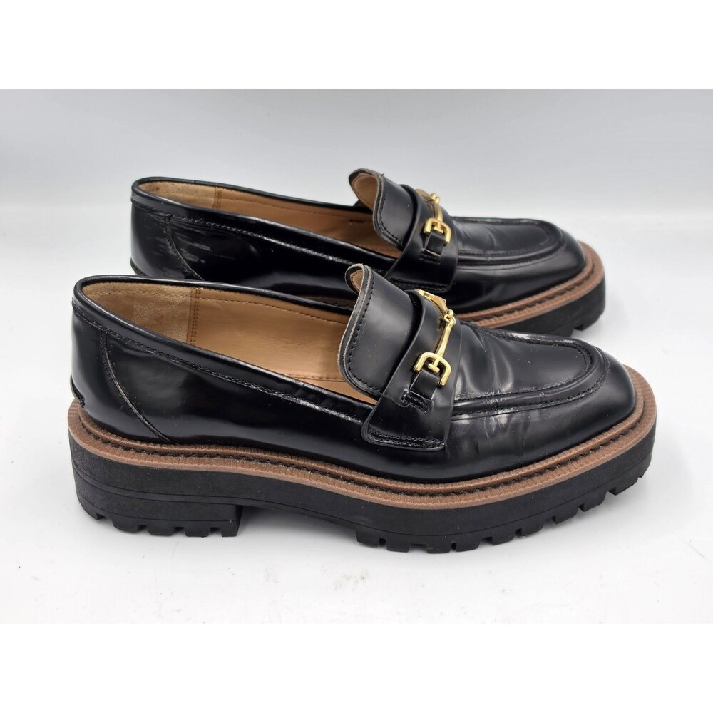 Sam Edelman Laurs Black Chunky Lug Sole Loafers Gold Buckles Women’s 6.5 M